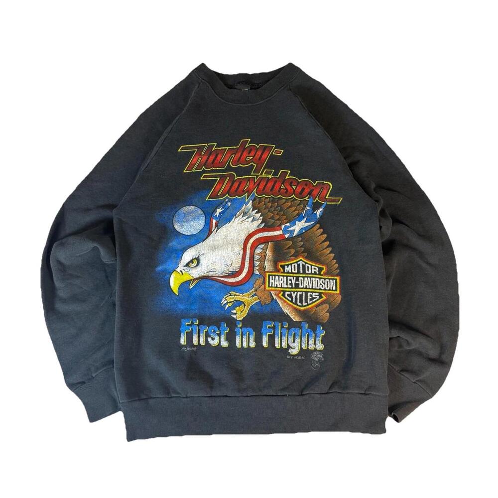 Vintage Harley Davidson 80s Biker Pullover Sweatshirt Eagle First‎ In Flight L